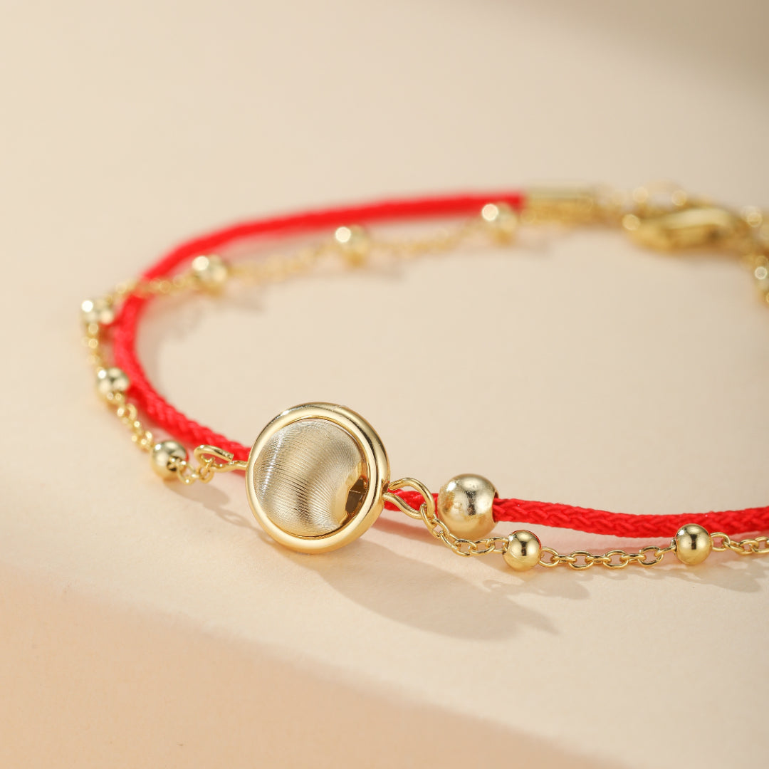 Bracelet Cordon Rouge – Roue de la Chance, Argent Plaqué Or