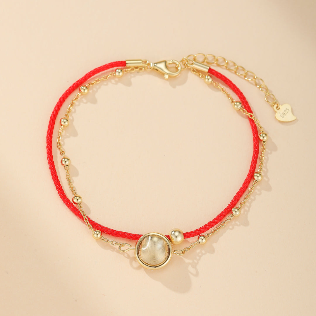 Bracelet Cordon Rouge – Roue de la Chance, Argent Plaqué Or