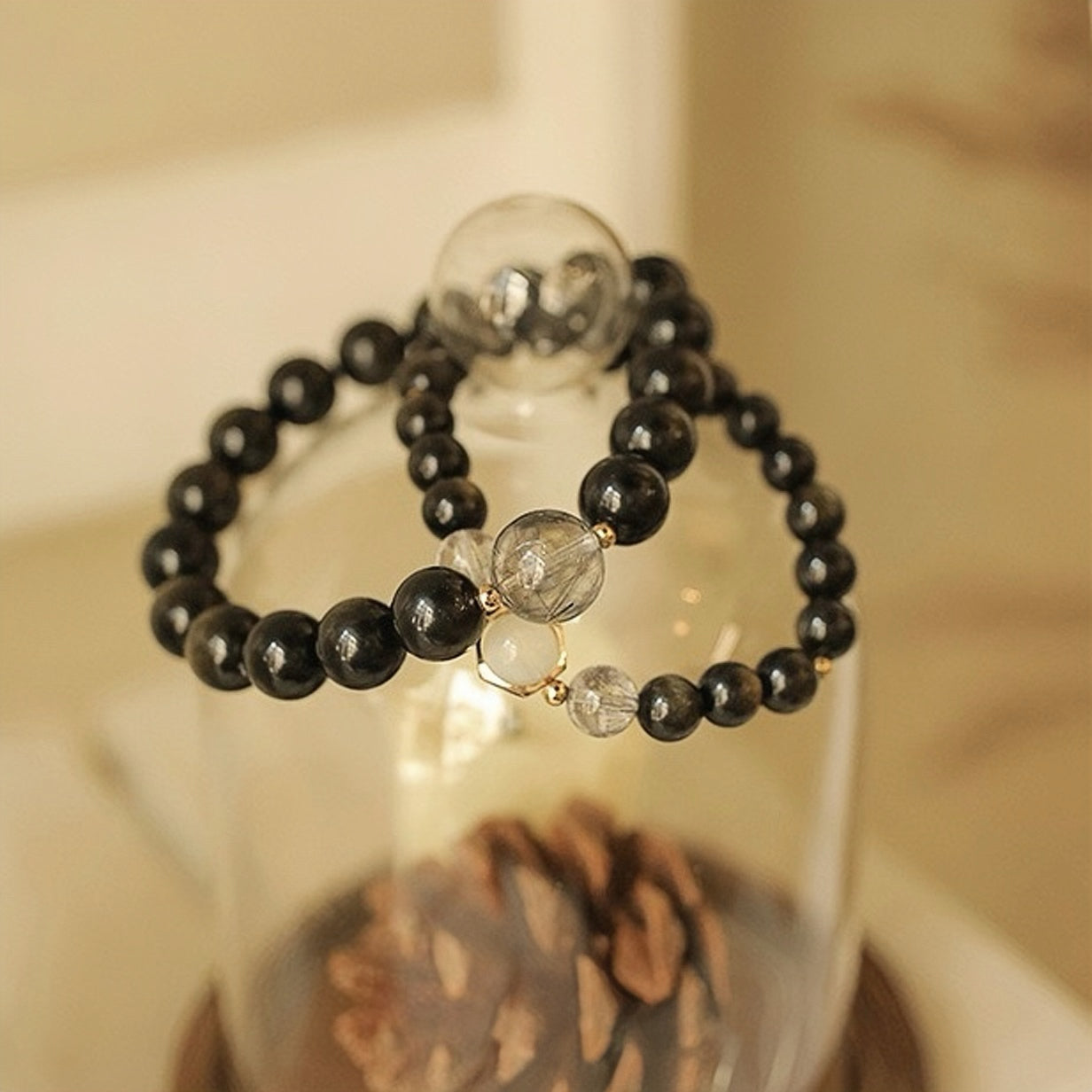 Bracelet Couple en Obsidienne Dorée – Fusion, Argent Plaqué Or