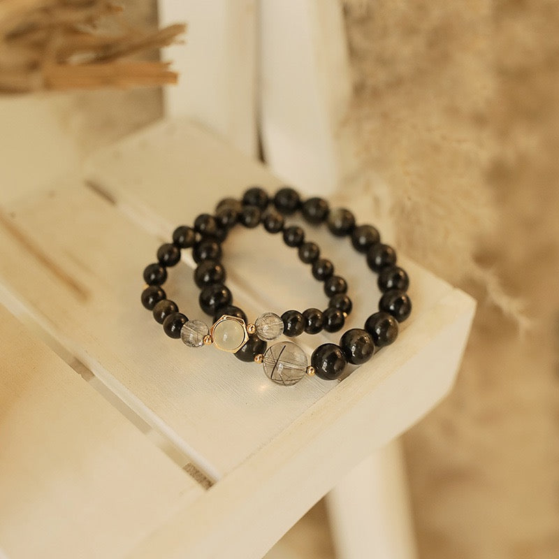 Bracelet Couple en Obsidienne Dorée – Fusion, Argent Plaqué Or
