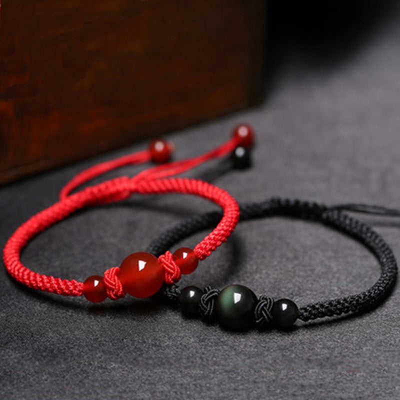 Couple Bracelet Tibetan Thread 'Harmony' in Agate and Obsidian