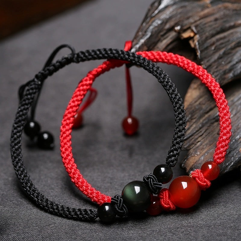 Couple Bracelet Tibetan Thread 'Harmony' in Agate and Obsidian