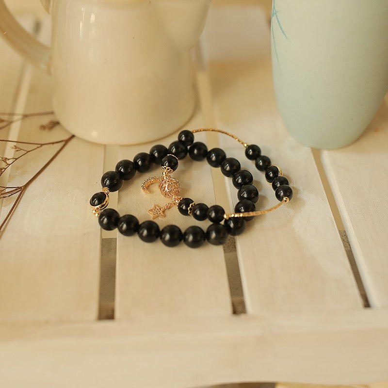 Bracelet Couple Lune et Etoile en Obsidienne – Union Cosmique
