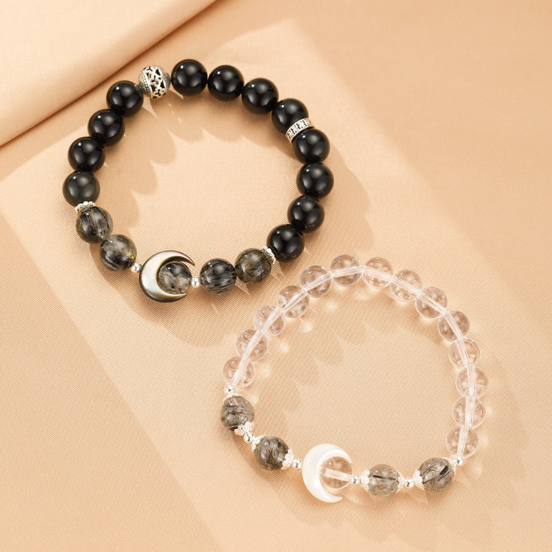 Obsidian and Rock Crystal Couple Bracelet – Night and Light