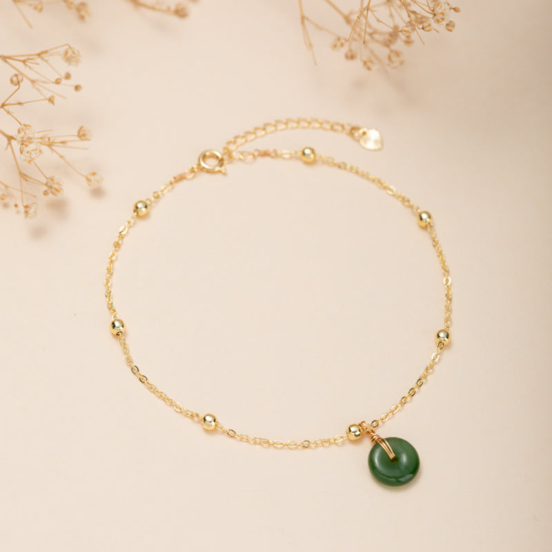 Bracelet de Cheville Jade – Paix et Harmonie, Argent Plaqué Or