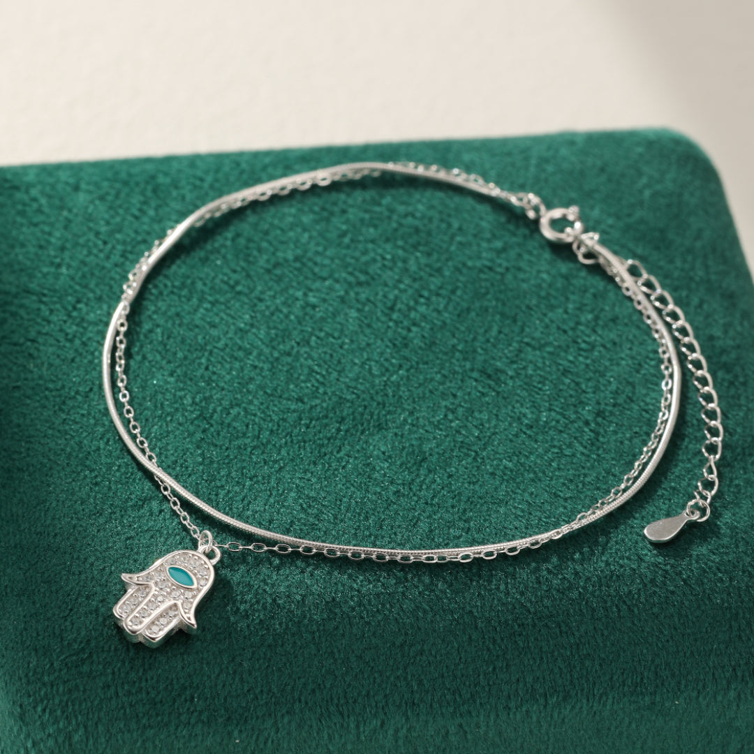 Bracelet de Cheville Main de Fatma – Protection Élégante, Argent 925