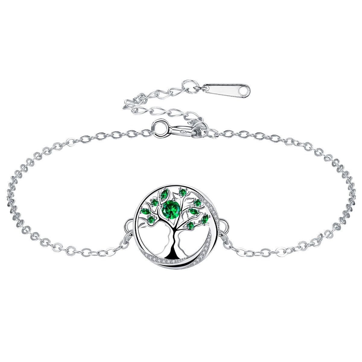 Bracelet en argent avec un pendentif arbre de vie rond orné d'émeraudes et de petits cristaux blancs, fermoir mousqueton.