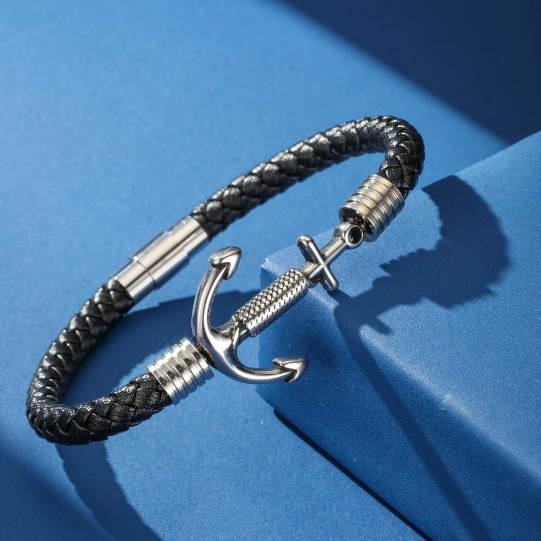 Men's Anchor Bracelet – Braided Black Leather & Stainless Steel