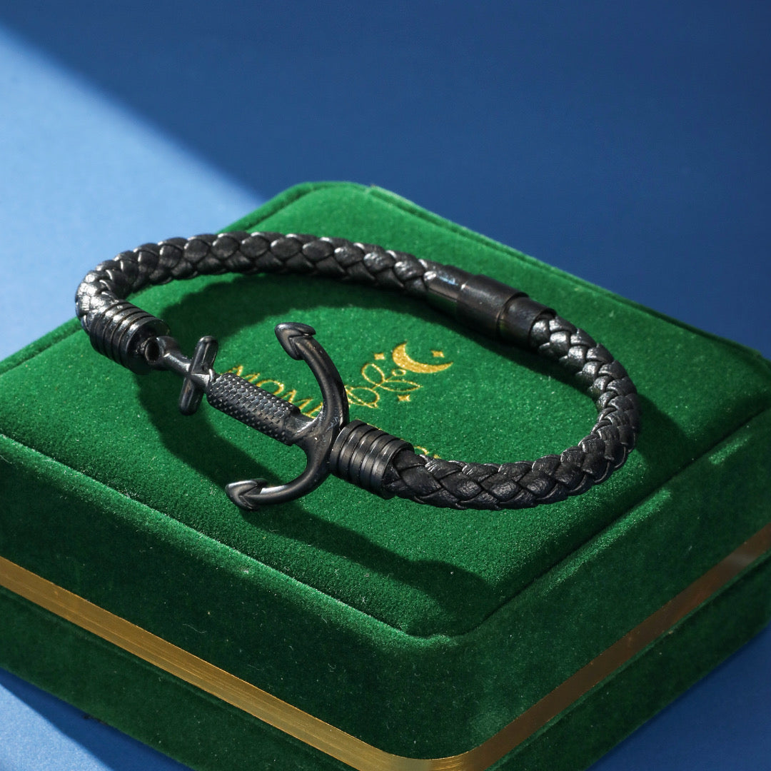 Men's Anchor Bracelet – Braided Black Leather & Stainless Steel