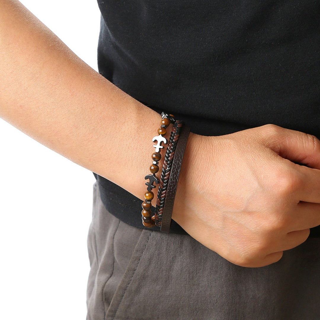Bracelet homme multicouche en cuir marron et perles œil de tigre, orné d'ancres argentées