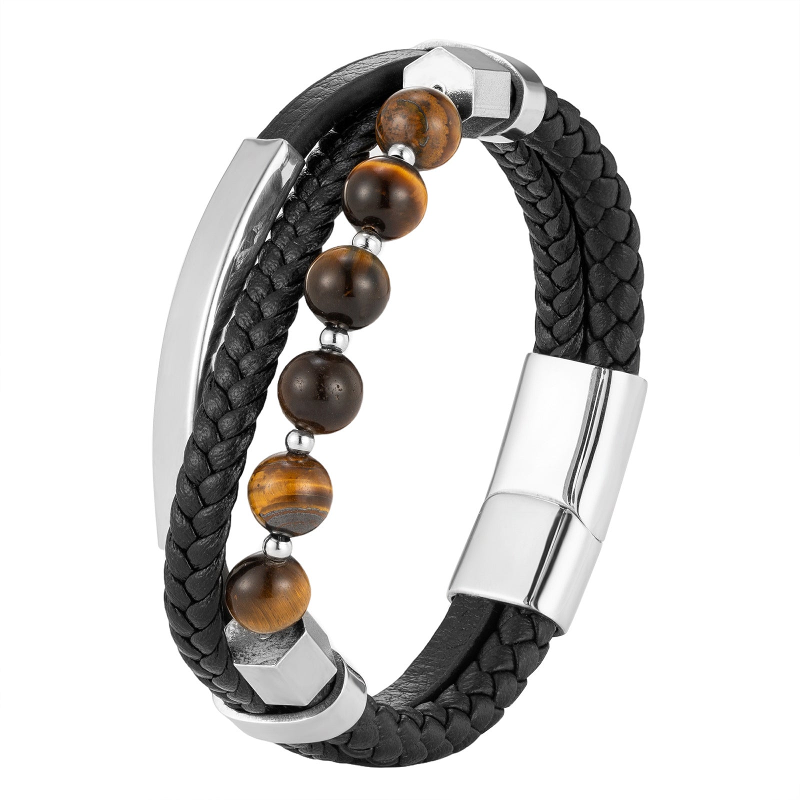Bracelet homme en cuir tressé noir avec des perles œil de tigre marron et un fermoir magnétique argenté.