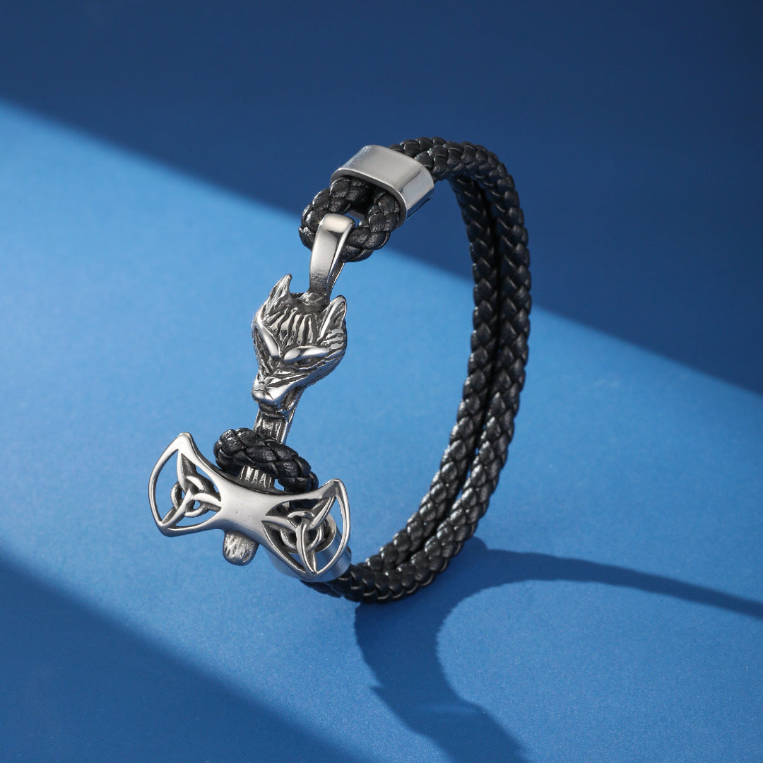 Bracelet homme cuir noir tressé avec pendentif Mjolnir tête de loup et nœud celtique argenté