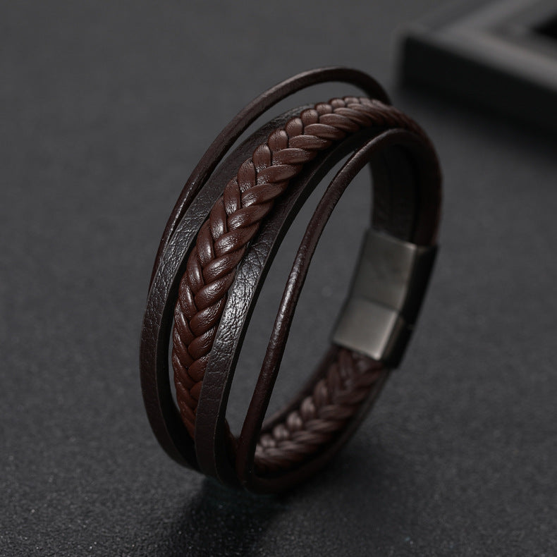 Bracelet homme enveloppant en cuir tressé marron foncé avec fermoir magnétique