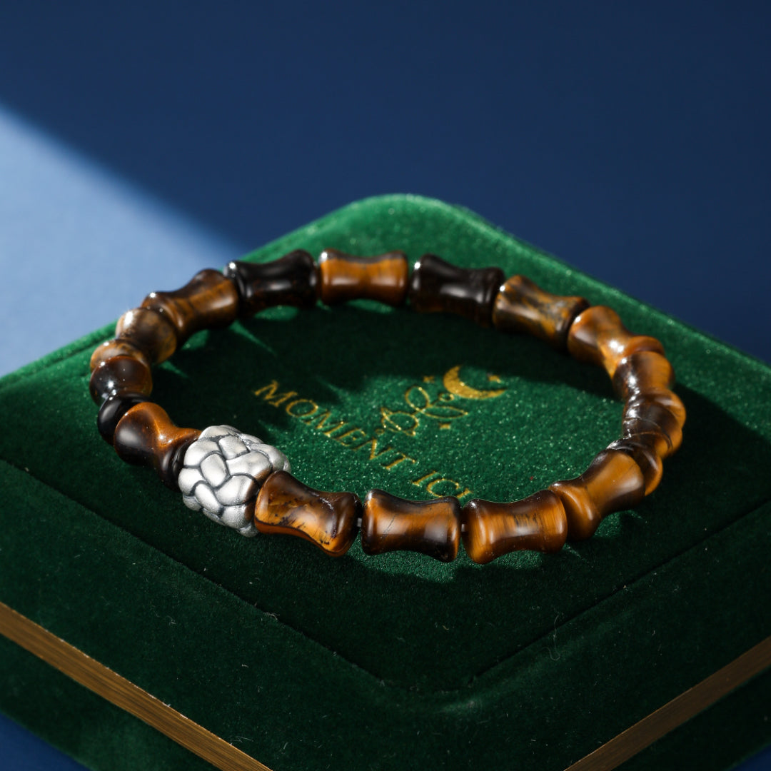Bracelet homme en œil de tigre et perles style bambou avec fermoir argenté