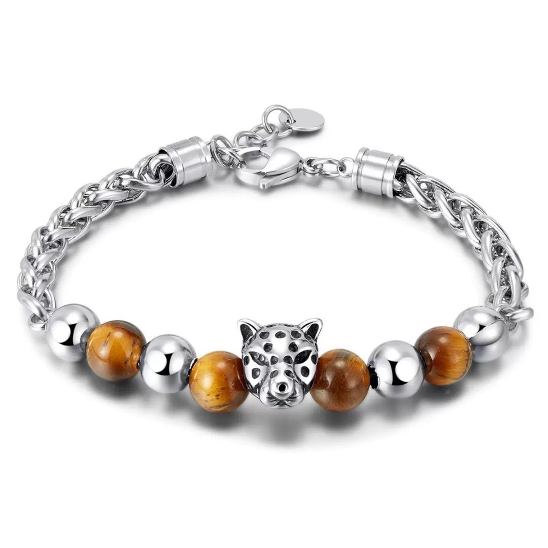 Bracelet homme en œil de tigre et argent avec une tête de léopard stylisée et une chaîne tressée argentée.
