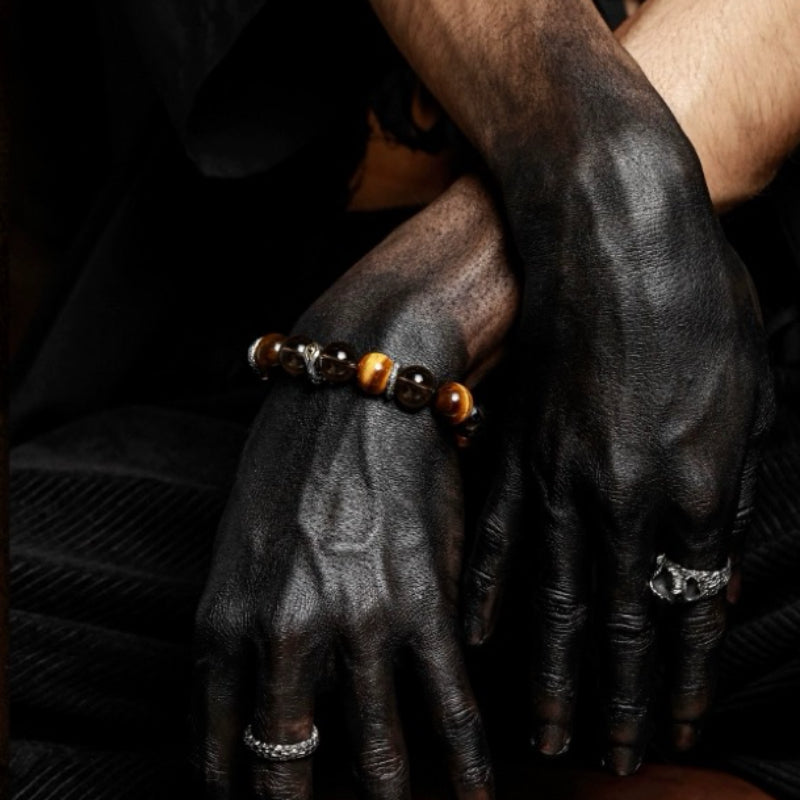 Bracelet en œil de tigre et quartz fumé pour homme avec détails argentés