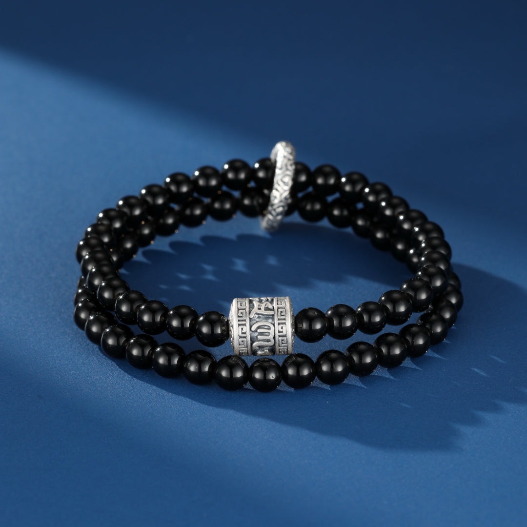 Men's Obsidian Bracelet – Ancestral Duality, 999 Silver