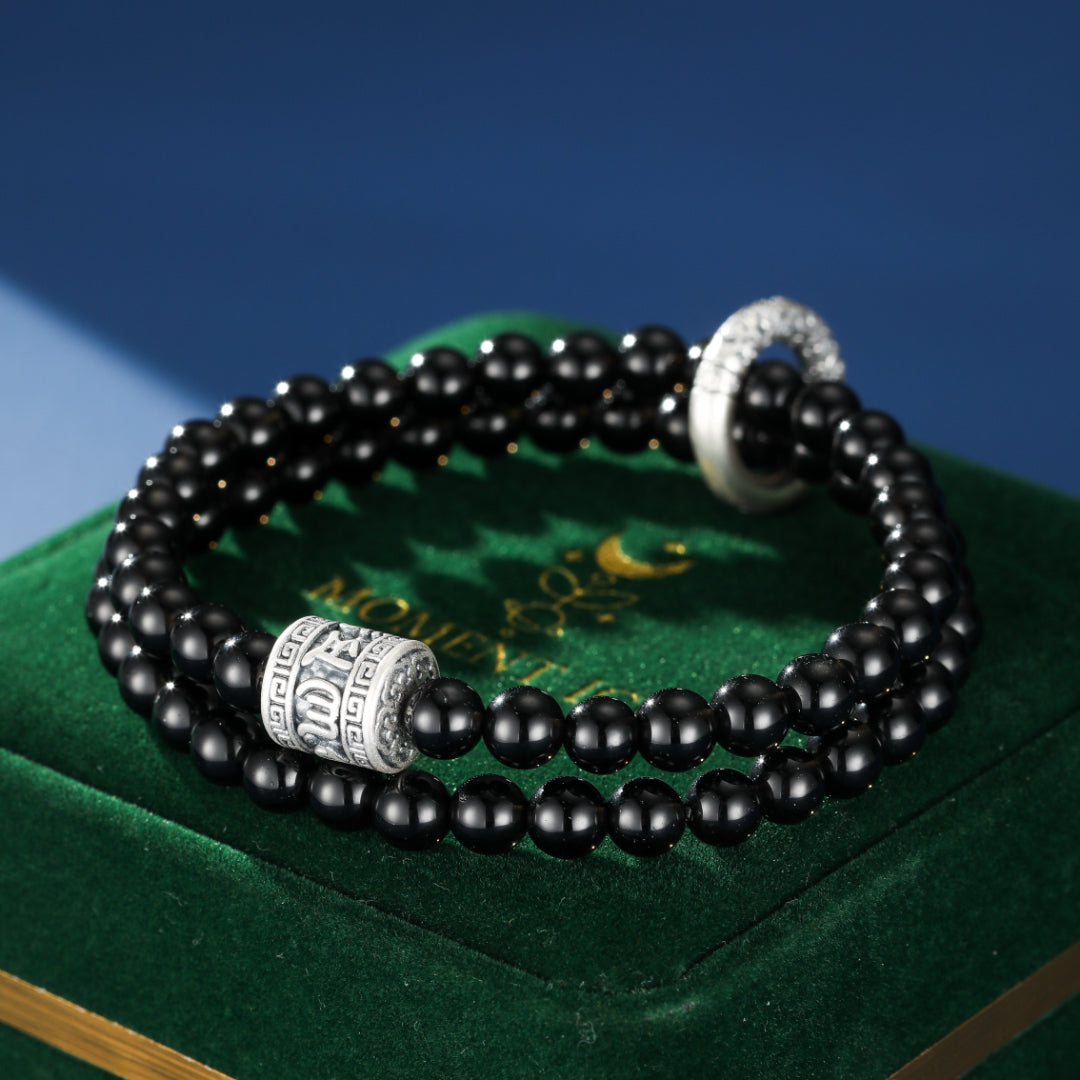 Men's Obsidian Bracelet – Ancestral Duality, 999 Silver