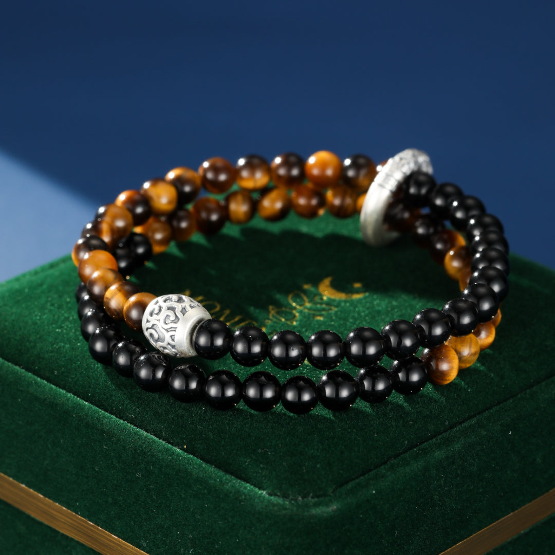 Men's Obsidian and Tiger's Eye Bracelet – Solar Duality, 999 Silver