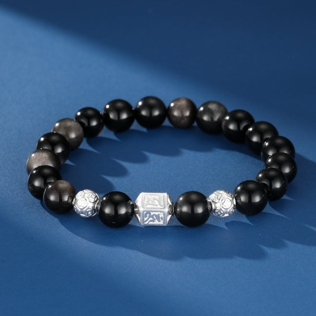 Men's Obsidian Bracelet – Tibetan Harmony, Silver