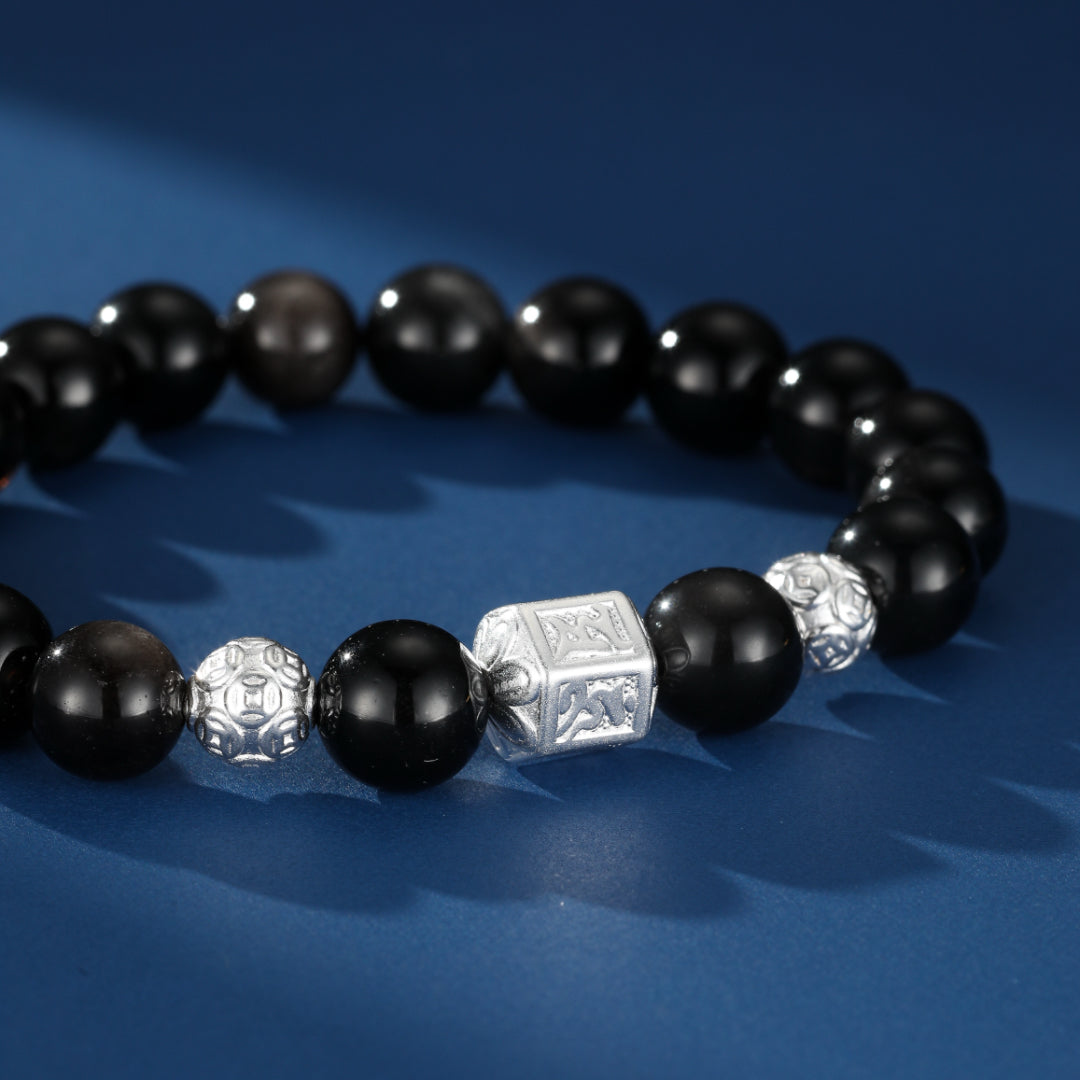 Men's Obsidian Bracelet – Tibetan Harmony, Silver