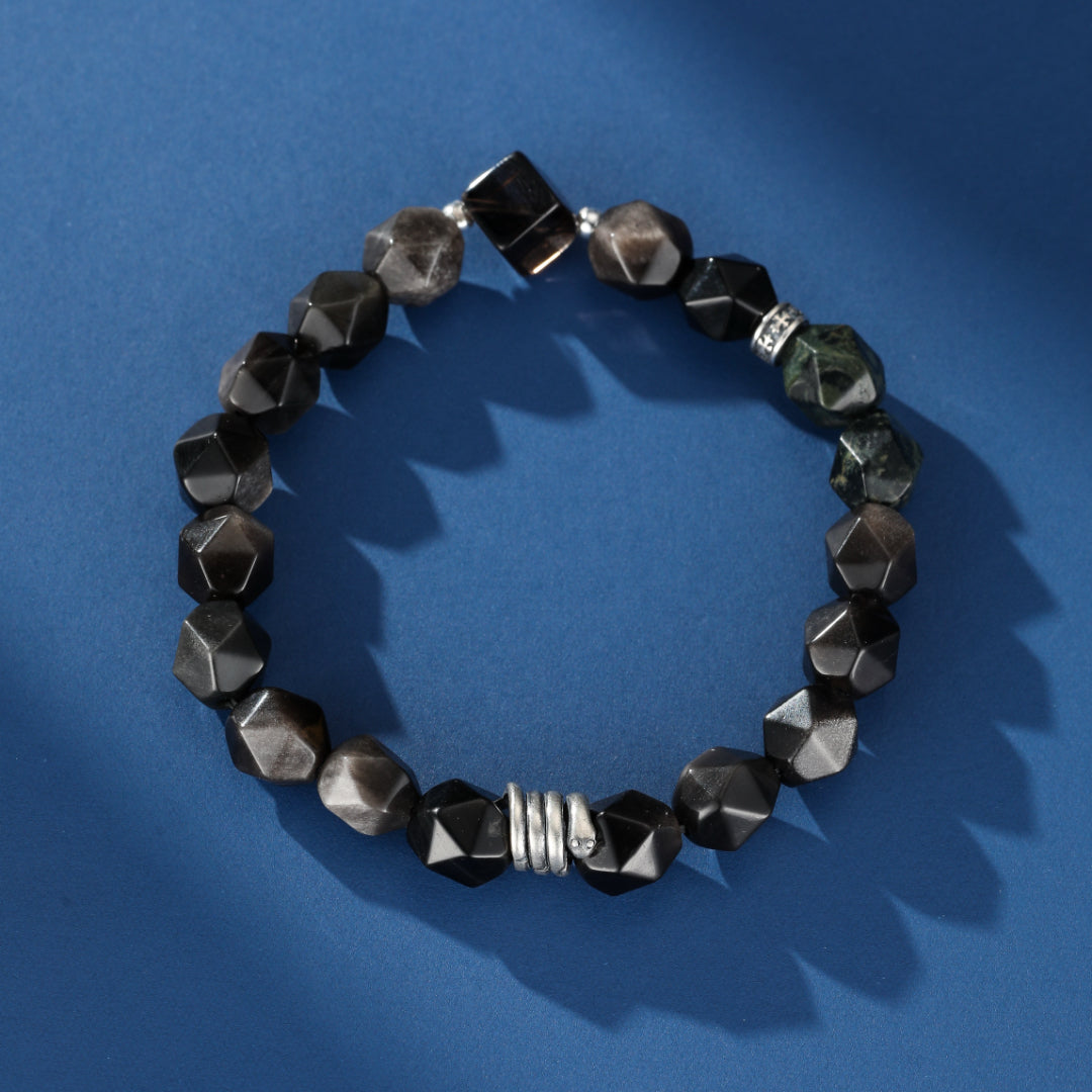 Men's Obsidian, Smoked Quartz, and Kambaba Jasper Bracelet – Serpent Spirit, Silver