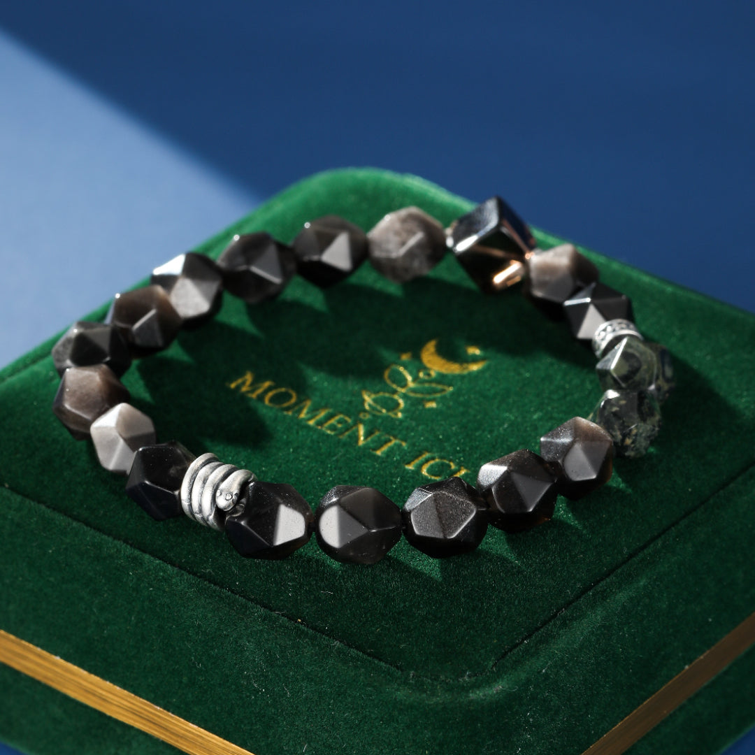 Men's Obsidian, Smoked Quartz, and Kambaba Jasper Bracelet – Serpent Spirit, Silver