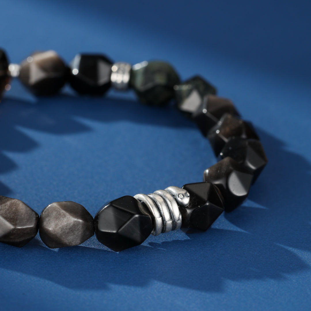 Men's Obsidian, Smoked Quartz, and Kambaba Jasper Bracelet – Serpent Spirit, Silver