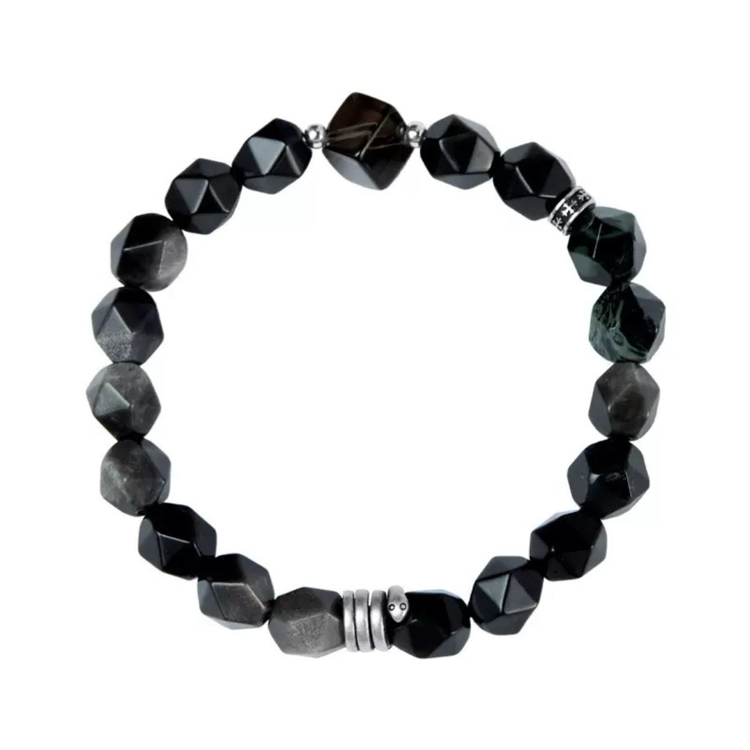 Men's Obsidian, Smoked Quartz, and Kambaba Jasper Bracelet – Serpent Spirit, Silver