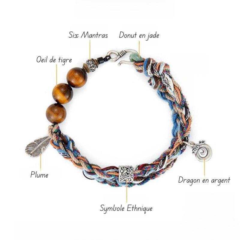 Bracelet tressé multicolore avec perles œil de tigre, breloque plume, symbole ethnique, dragon en argent et fermoir orné de Six Mantras et d'un donut en jade.