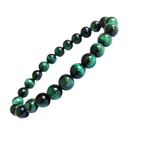 Bracelet en œil de tigre vert aux reflets chatoyants, symbole de force et de courage.