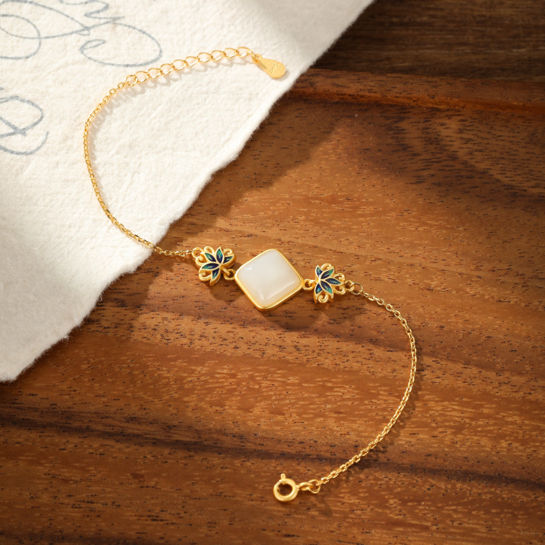 White Jade Bracelet – Blue Lotus Awakening, Gold Plated Silver