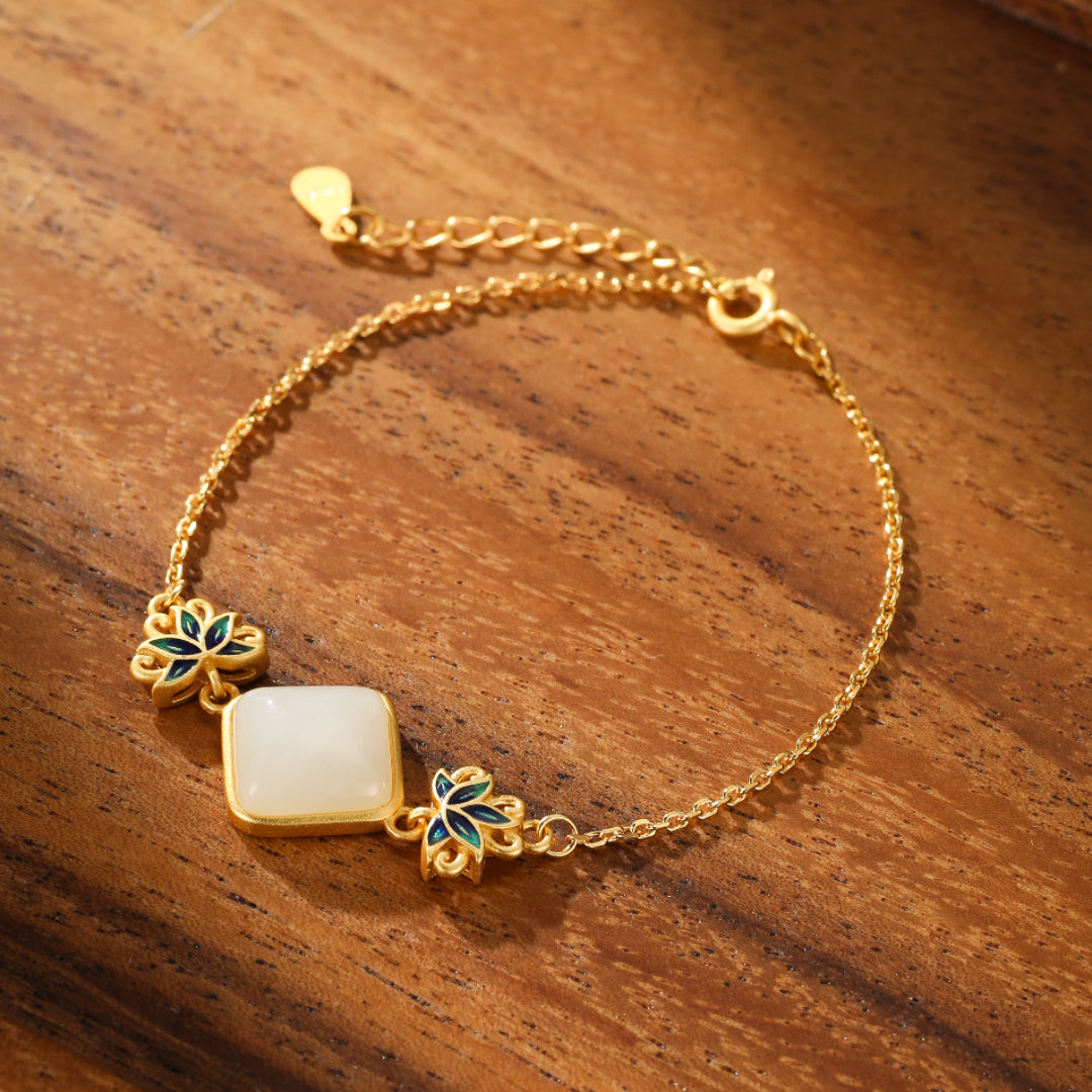 White Jade Bracelet – Blue Lotus Awakening, Gold Plated Silver