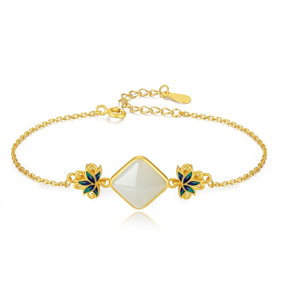 White Jade Bracelet – Blue Lotus Awakening, Gold Plated Silver