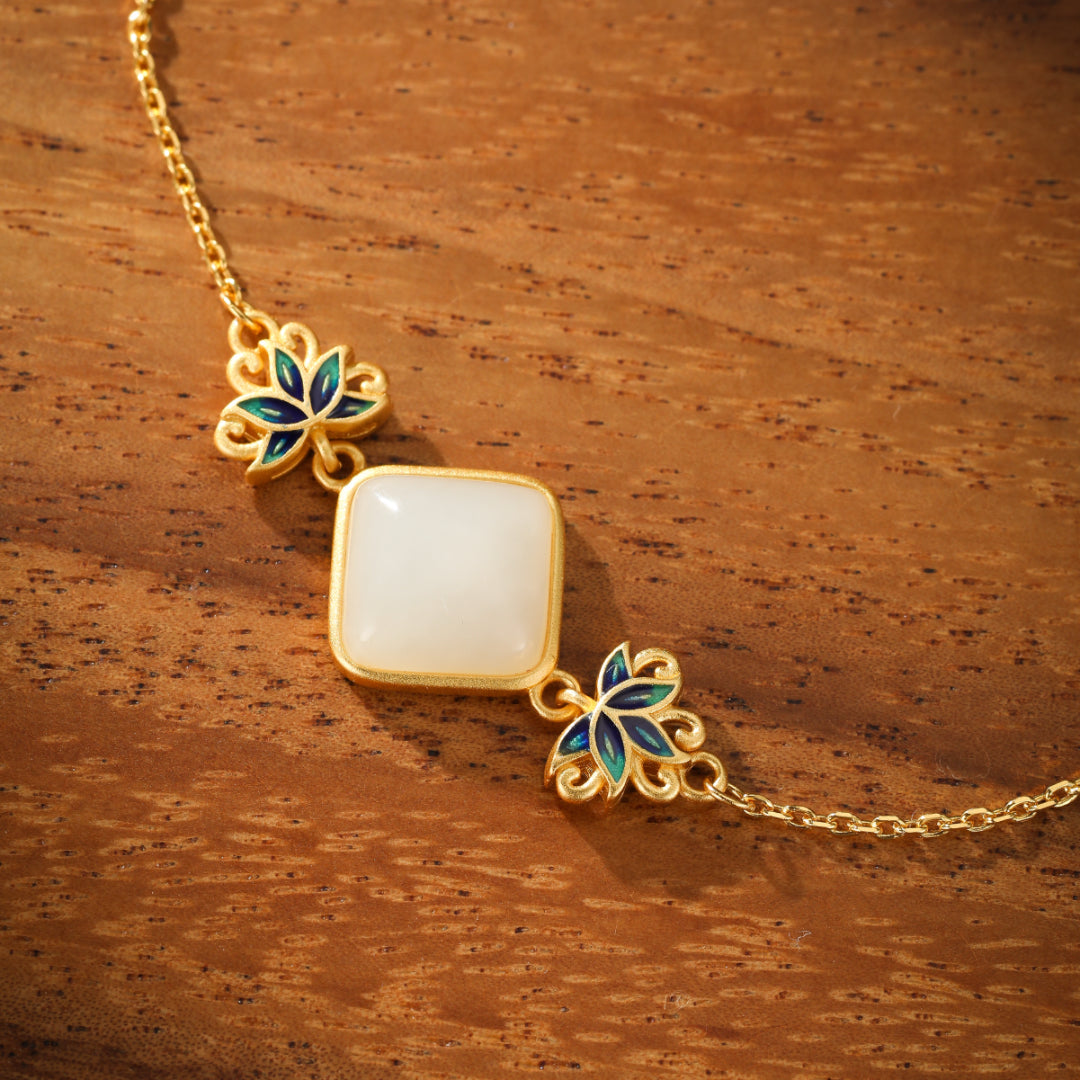 White Jade Bracelet – Blue Lotus Awakening, Gold Plated Silver