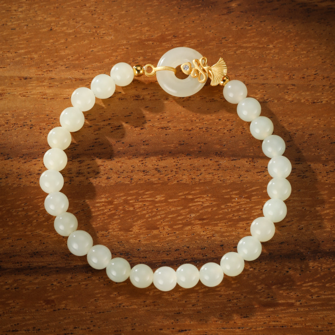 White Jade Bracelet – Carnation Grace, Gold Plated Silver