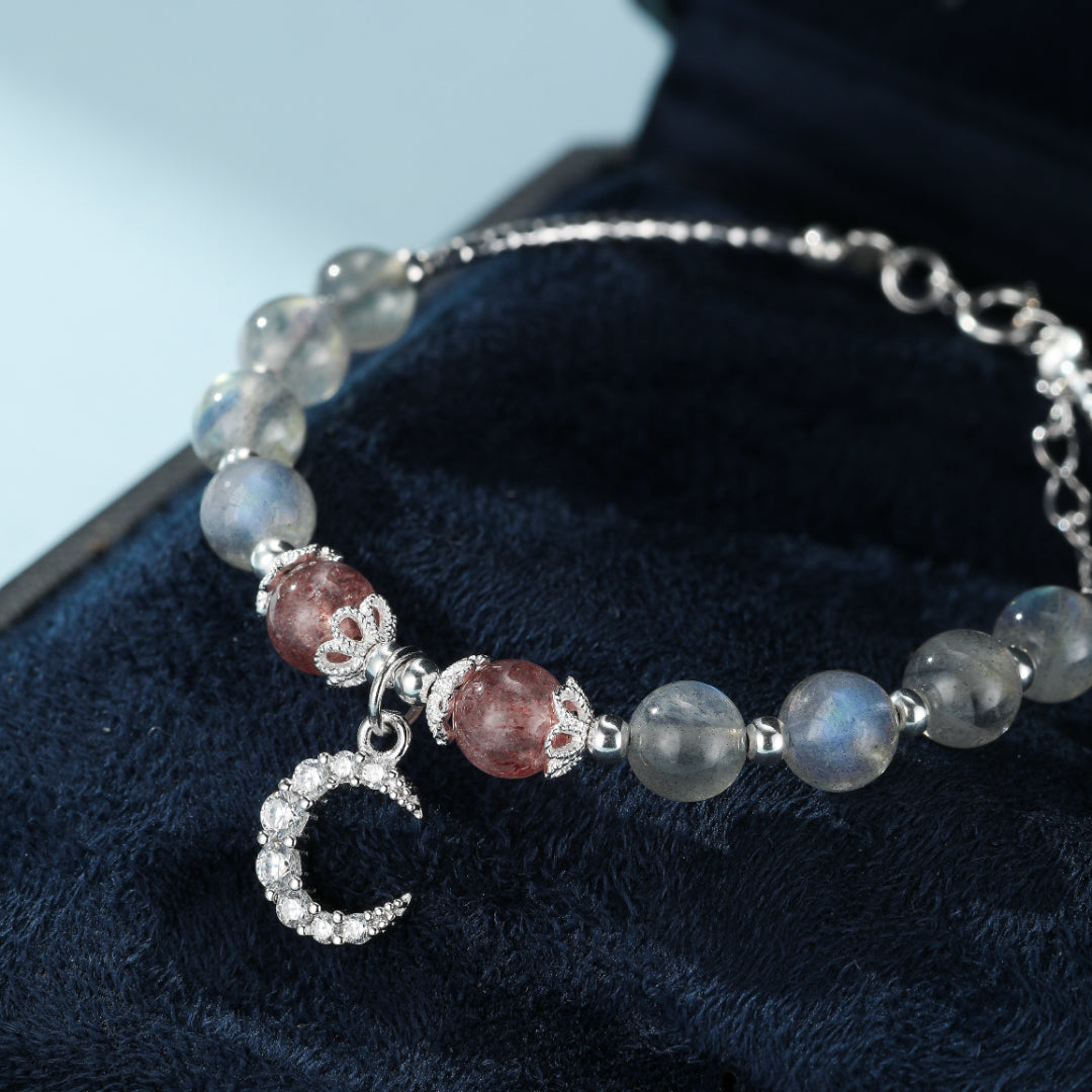 Labradorite and Strawberry Quartz Bracelet – Rosy Enchantment, Silver