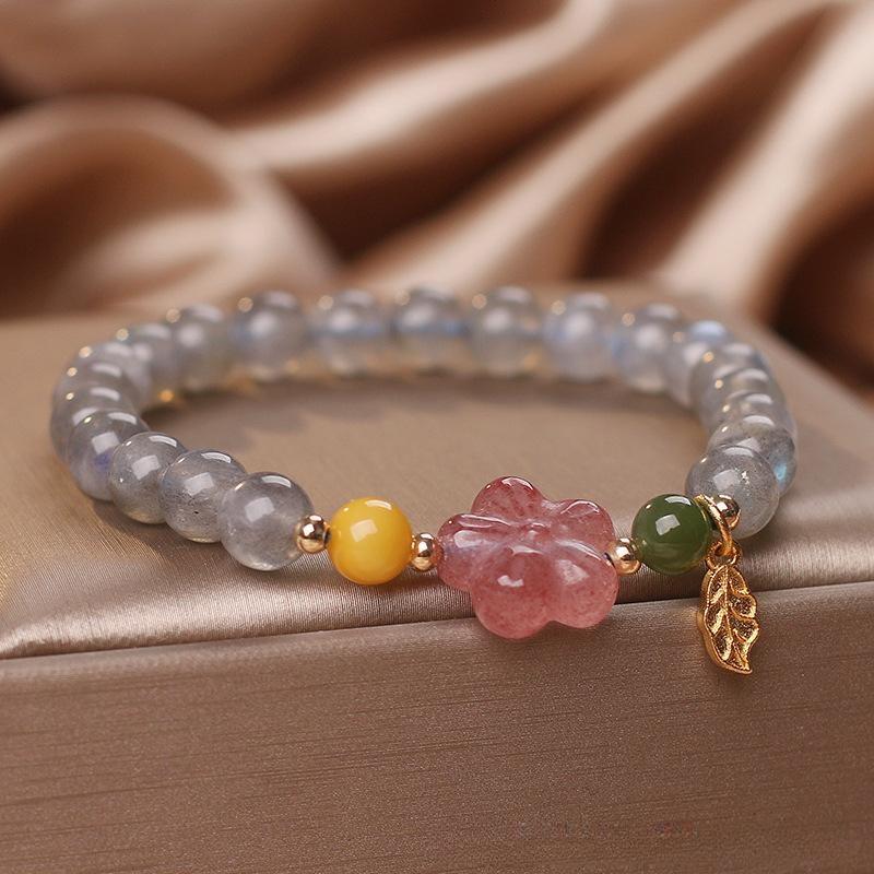 Bracelet Labradorite et Quartz Fraise – Feuille Dorée