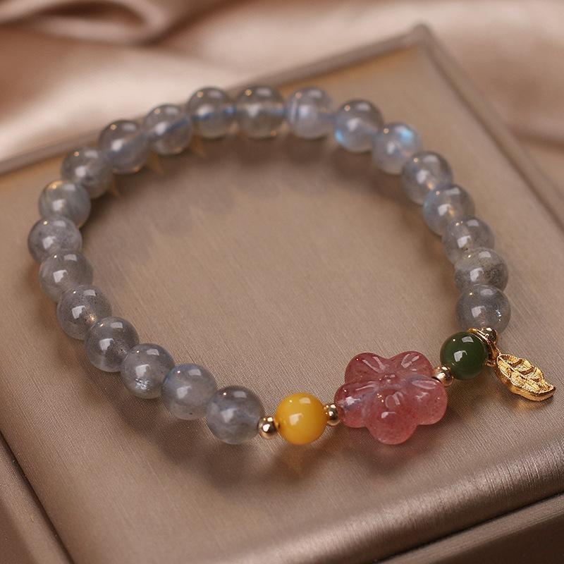 Bracelet Labradorite et Quartz Fraise – Feuille Dorée