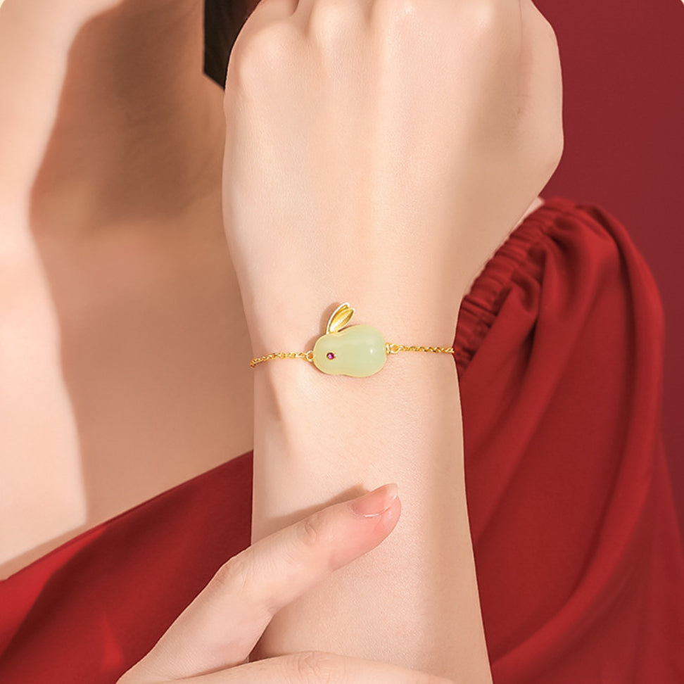 Bracelet Lapin en Jade – Sagesse, Argent Plaqué Or