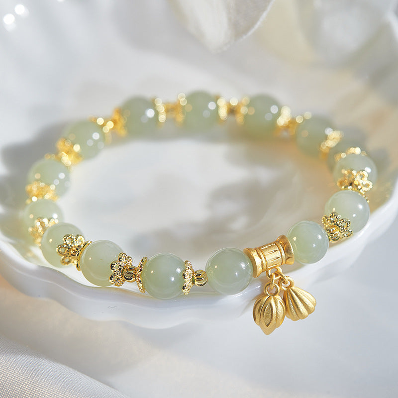 Bracelet Lotus en Jade – Sérénité Pure, Argent Plaqué Or