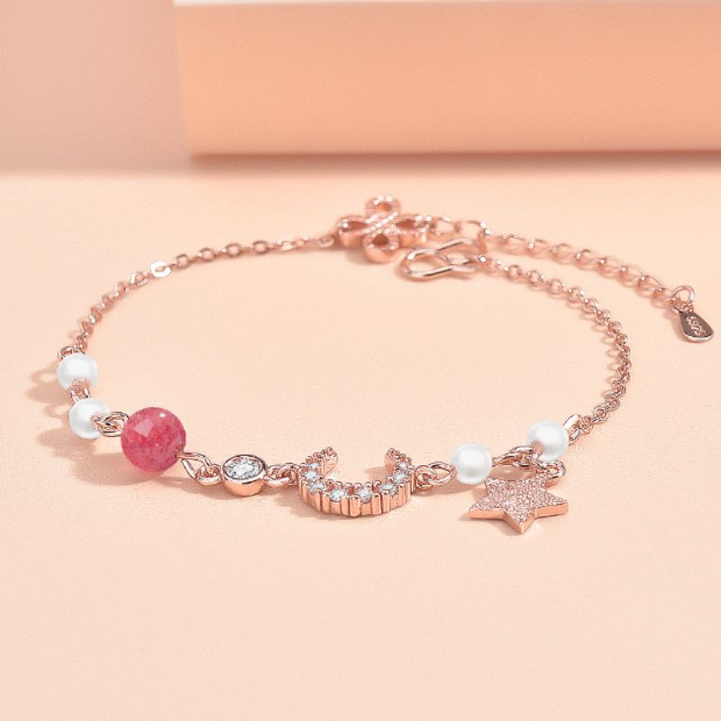 Bracelet plaqué or rose avec breloques lune sertie de zircons cubiques, étoile scintillante, perles blanches et pierre rose