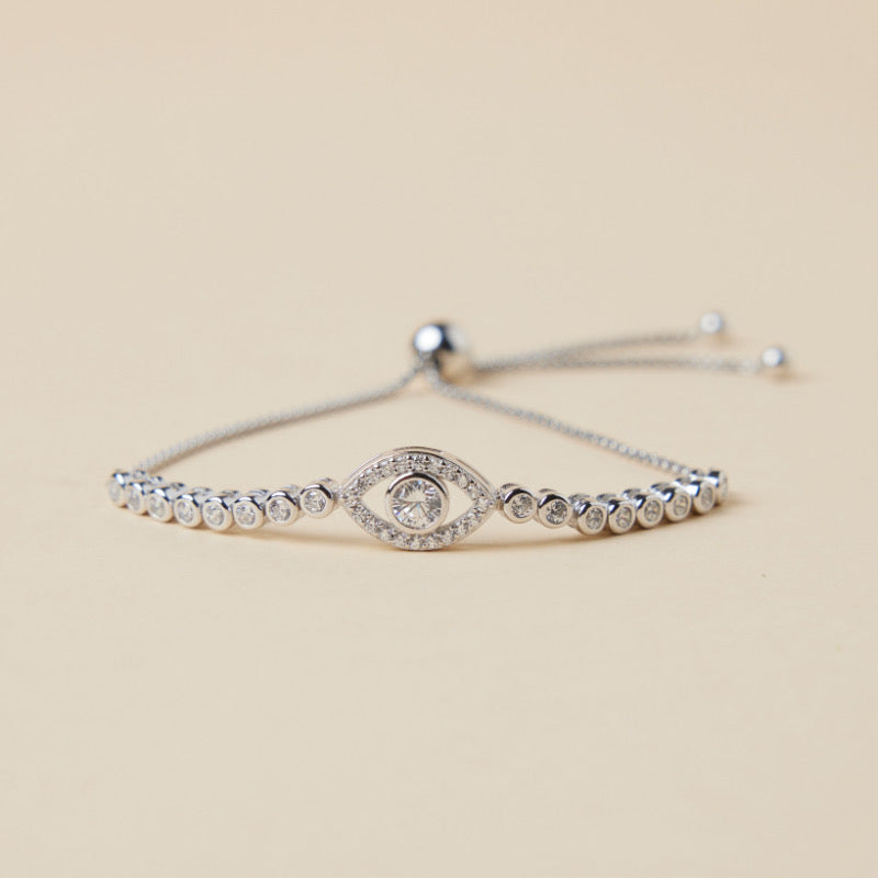 Bracelet œil de protection mystérieux en argent avec des zircons brillants, ajustable.