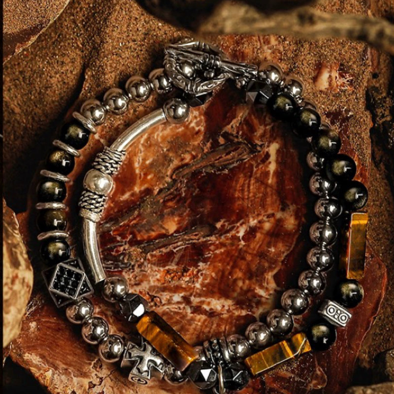 Bracelet Mauvais Œil en Œil de Tigre et Obsidienne – Puissance, Argent
