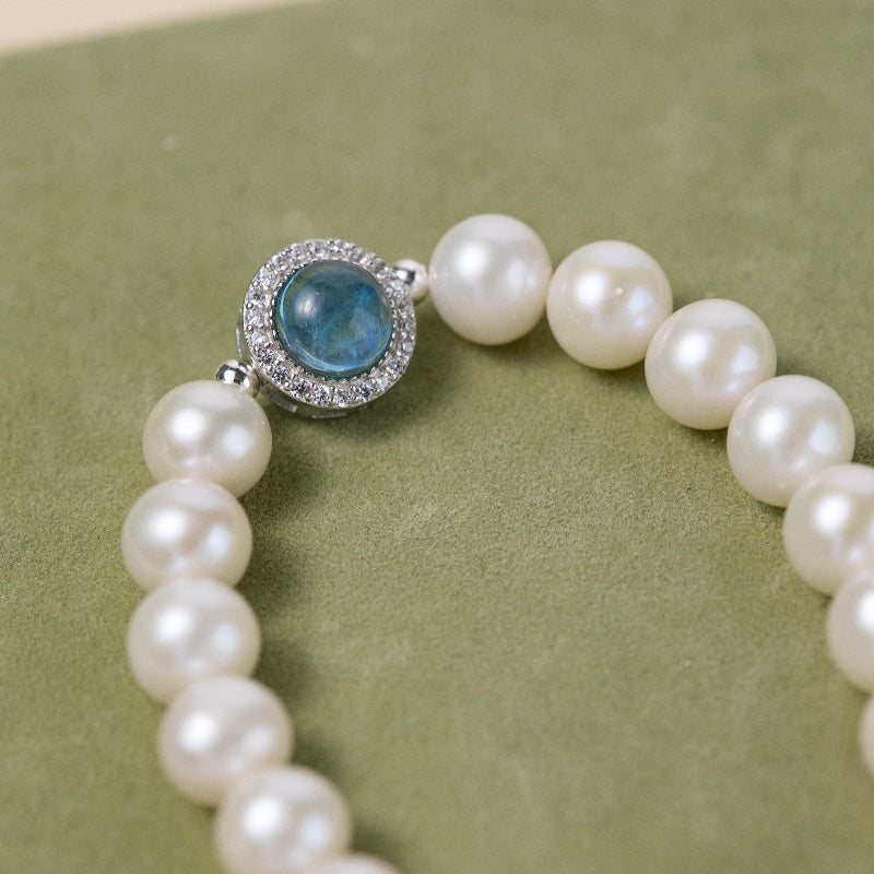Bracelet Perle et Aigue Marine – Harmonie Océanique, Argent