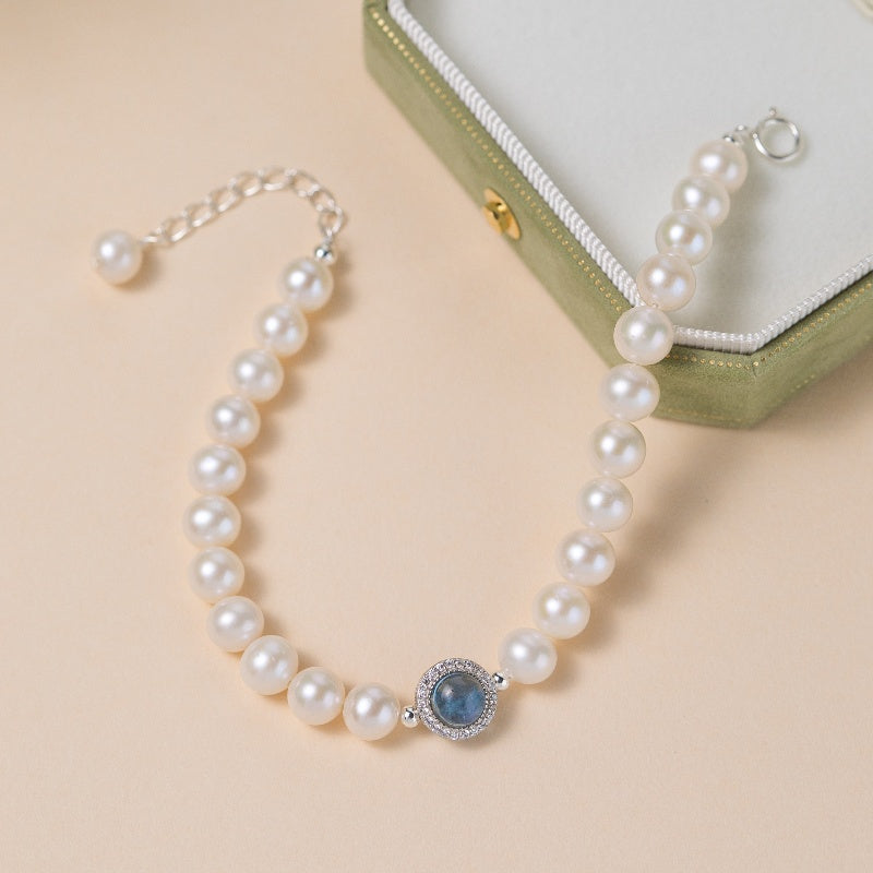 Bracelet Perle et Aigue Marine – Harmonie Océanique, Argent