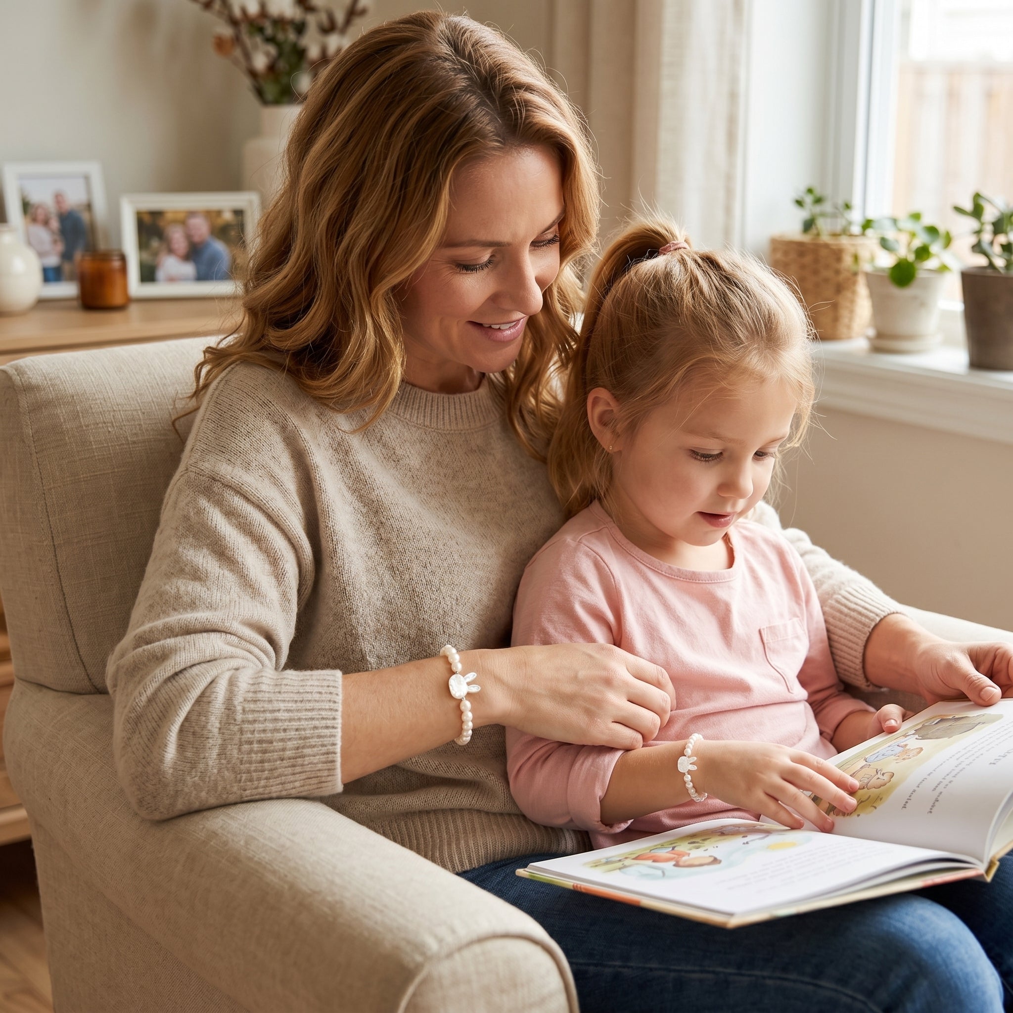 Une mère et sa fille lisent un livre, la mère porte un bracelet en perles avec un pendentif lapin en argent.