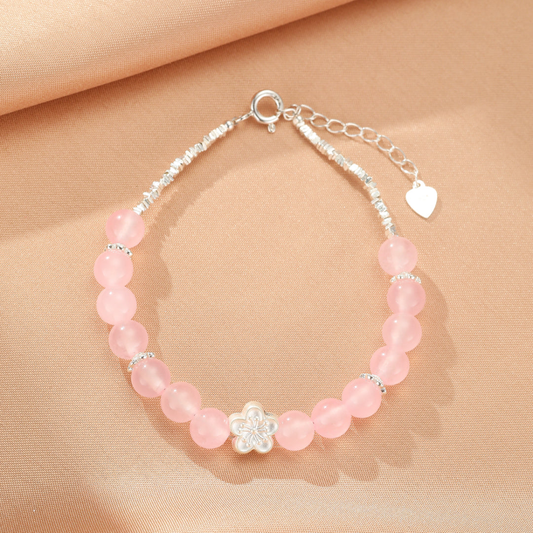 Rose Quartz Bracelet – Sakura Flower, Silver