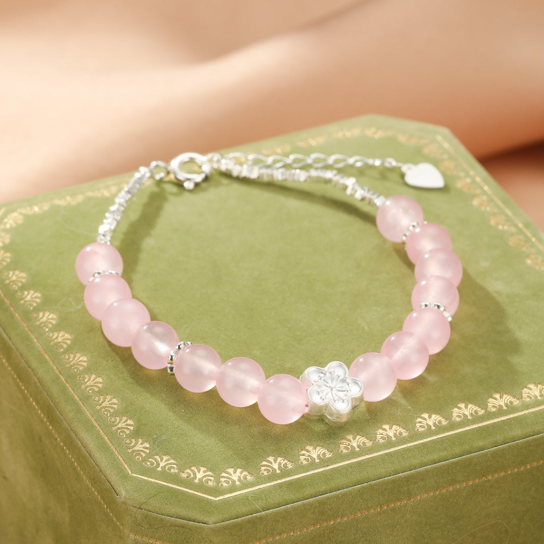 Rose Quartz Bracelet – Sakura Flower, Silver
