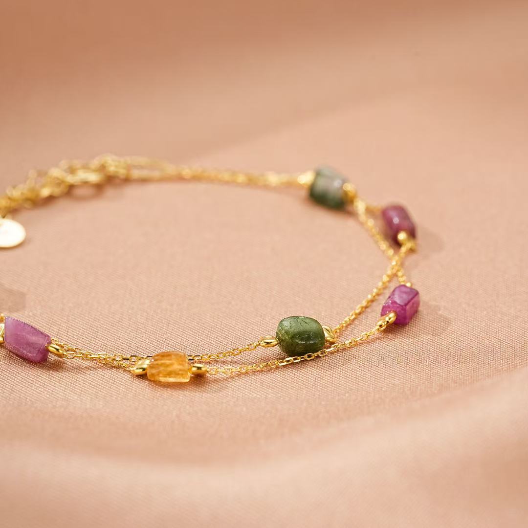 Tourmaline Bracelet – Raw Crystals, Gold Plated Silver